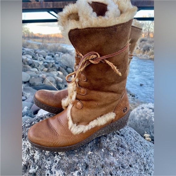 Børn Shearling Lined Leather Lace Up Boots Womens Size 7 Brown Cozy Boho - Picture 2 of 14